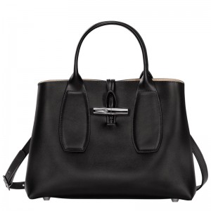 Longchamp Le Roseau M Leather Håndveske Dame Svarte | NOQM9153